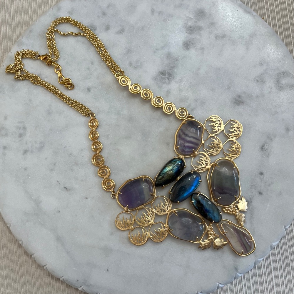 Gemstone Statement Necklace Blue Gold Tone‎ Bib Flame Filigree Boho Jewelry